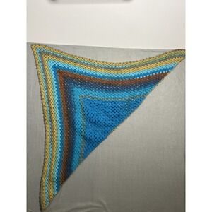 Handmade Crocheted Granny Stripe Shawl Wrap Scarf Blue Brown Gold Grey